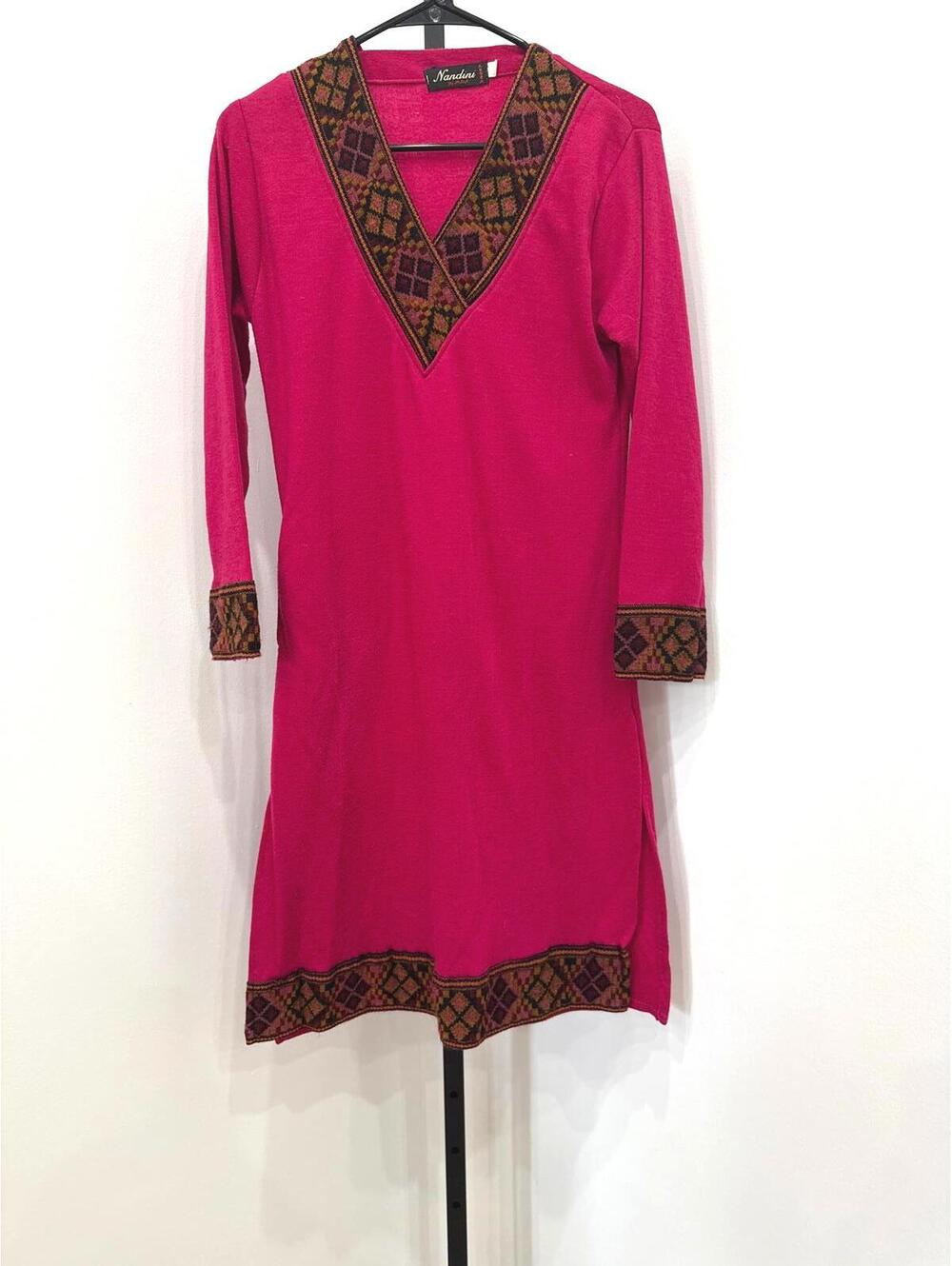 Kashmir Pink Long Sleeve Dress with Geometric Trim